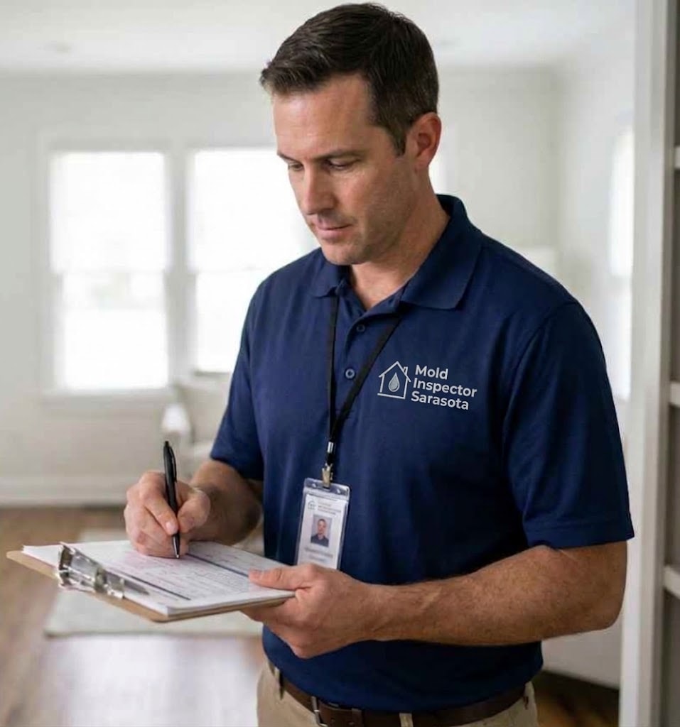 Professional mold inspector in uniform conducting a residential inspection
